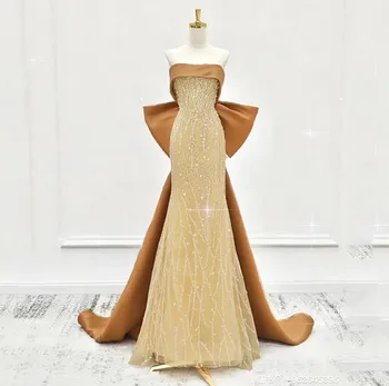 Луксозно банкет абитуриентски рокли със златни пайети 