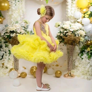 Жълти красива рокля със скъпоценни камъни за момичета в цветенце, пищни принцеса рокля за сватба, рожден ден, добре облечени дрехи за демуазель