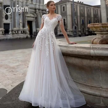 Сватбени рокли OYISHA Boho с кръгло деколте за жени 2023, луксозна сватбена рокля трапецовидна форма с кружевными апликации, Винтажное сватбена рокля с дълъг ръкав Robe De Marié