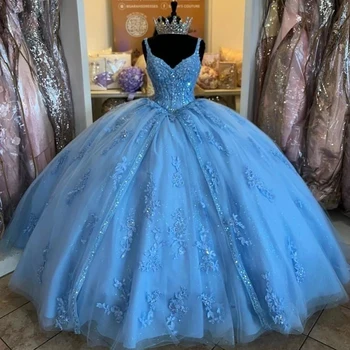 Буйни рокли със синя лента, секси V-образно деколте, 3D цвете, 15-та вечерна рокля, beading, рокли за дебютиращи за рожден ден