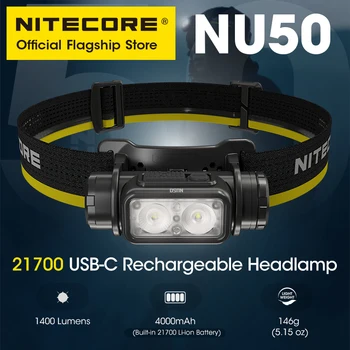 NITECORE NU50 USB-C акумулаторна фар за тичане, каране на колело, работа, риболов, преходи, фаровете 1400 лумена, вградената батерия на 21700