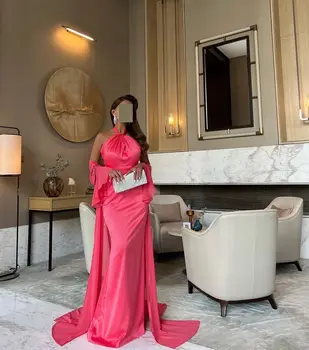 Арбузно-червени шифоновые дълги рокли за абитуриентски бал, украсени с мъниста около врата, дълги до пода, секси вечерна рокля от Саудитска Арабия