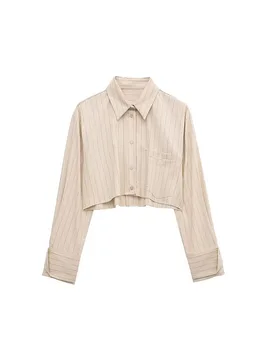 Дамски пролетни новости 2023, сладък модни съкратен блузи в тънка ивица, реколта дамски ризи с копчета и дълъг ръкав, шик върховете