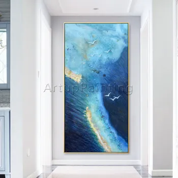 Модерно ръчно рисувани стенни изкуство платно картина с маслени бои тъмно-светло синьо златен морски пейзаж абстрактно украса на стаята картина за хола