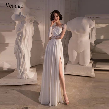 Verngo Елегантна шифоновое сватбена рокля трапецовидна форма с прозрачно деколте и дълъг ръкав, с цветя, перли, със странична цепка 2021, плажни рокли сватба