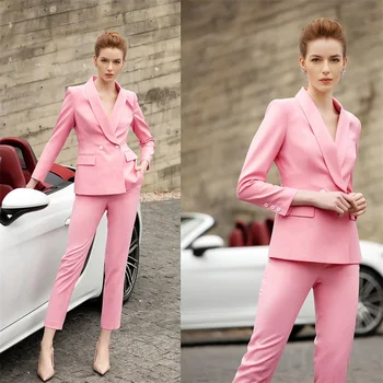 Комплект от 2 теми, розово женски костюм, сако + девятые панталони, оборудвана бизнес офис женски сватбен смокинг, изработена по поръчка женски костю