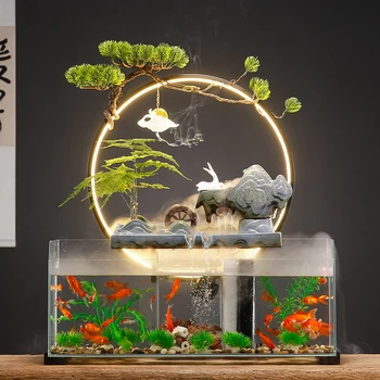 Стъклен аквариум с течаща вода, Декориране на Дневна, Офис Циркуляционная вода Ландшафтен дизайн Декорация на дома, аквариум със златни рибки