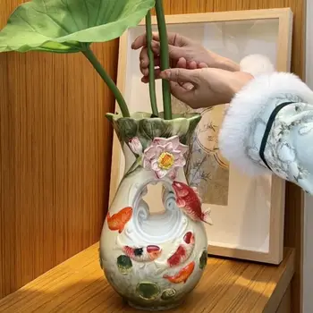 Керамична ваза за цветя с червена риба, ваза за интериора, начало декор, сватбена украса, офис, кабинет, хол, маса за хранене