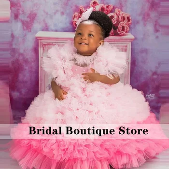Сладка розова рокля с цветя модел за момичета, разкошни бални рокли с рюшами и перли, бебешка рокля в африканския стил за фотосесия на сватба, първо причастие
