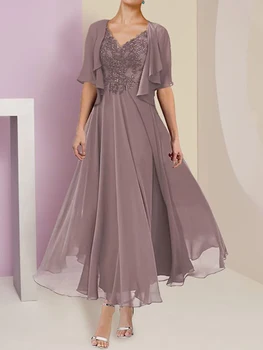 Елегантни шифоновые рокли за майката на булката от две части, трапециевидные дантелени апликации, V-образно деколте, къси ръкави, с дължина до щиколоток, сватбена рокля за гости