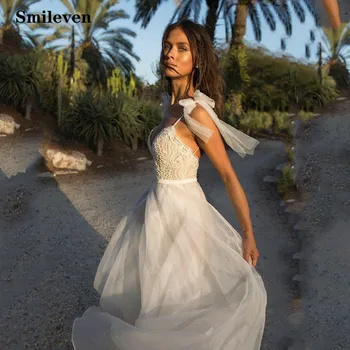 Плажна дантелено сватбена рокля Smileven трапециевидное сватбена рокля в стил бохо на спагети презрамки с отворен гръб Vestido De Noiva