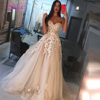 Сватбена рокля на принцеса трапецовидна форма, без ръкави, с аппликацией във формата на сърце 2020, сватбената рокля Robe De Mariee