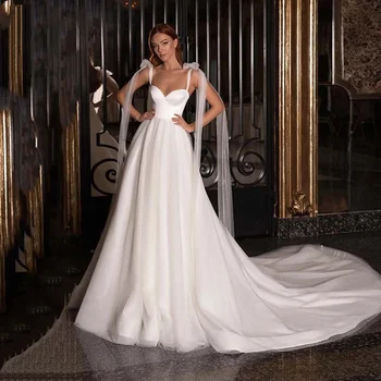 TIXLEAR Елегантни сатенени сватбени рокли за булката с бретельками-спагети и панделки, сватбени рокли принцеса с отворен гръб, евтини 2023