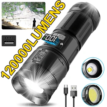 120000 лумена супер ярки led фенерче, Акумулаторна батерия тип C 9000 ма XPH90 COB фенерче с цифров дисплей за улицата