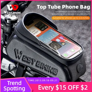 WEST BIKING Велосипедна чанта 0,8 л с горната тръба, велосипедна чанта, водоустойчив калъф за телефон със сензорен екран, притежателят на 6,8 см, преносима чанта за МТБ наем път