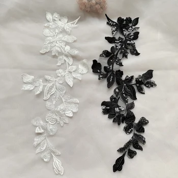2 ЕЛЕМЕНТА Черно-бяла сватбена рокля с флорални апликации от пайети, лейси тъкани, бродирани апликации, яка, окото, нашивка за рокли, интериор със собствените си ръце