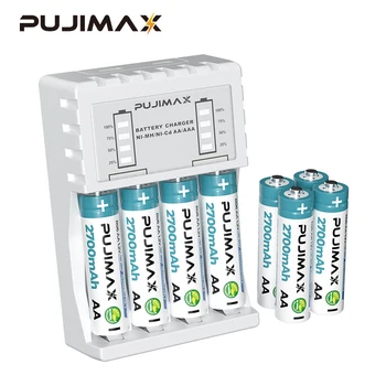 PUJIMAX 4 бр. Лидер в Продажбите на Акумулаторни Батерии Тип АА И Зарядно Устройство, Комплект Интелигентен Led Дисплей За AA/AAA Ni-MH Акумулаторна Батерия