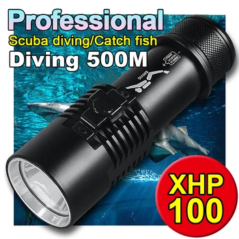 Мощен фенер за гмуркане XHP100 капацитет 5000 lm, супер ярък led фенер, професионални подводни светлини, водоустойчива лампа IPX8