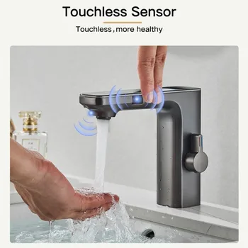 Безконтактен сензорен смесител за мивка, двухрежимный сензор за вода, интелигентен дигитален дисплей, батерия за топла и студена вода в банята