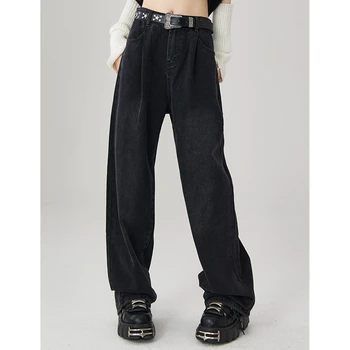 Реколта черни дамски дънки с висока талия, американската мода градинска дрехи, широки дънкови панталони, прави широки дънкови панталони