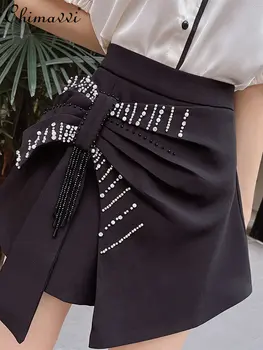 Шорти с 3D лък от мъниста, тежка промишленост 2023, летни нови модни шорти с висока талия за отслабване, темпераментни шорти за партита, бели къси панталони за жени