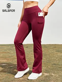 SALSPOR, обикновена гамаши за джогинг, дамски спортни гамаши, с висока талия и джоб, гъвкави микро-разкроена панталони