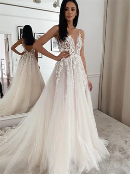 Булчинската рокля за спагети презрамки, с дълбоко V-образно деколте 2023 за булката, дантелени апликации, тюлевая гънка, прекрасни сватбени рокли за жени