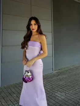 Летни дамски лилави тиранти, коприна сатен текстура, плат, дизайн с лък отзад, дълга рокля, секси мода