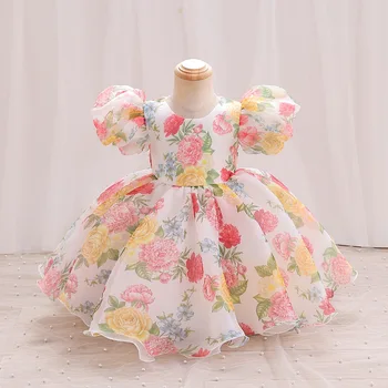 LZH/ лятна рокля на принцеса за момиченца, вечерни рокли с пищни ръкави и цветисти принтом, бебешки дрехи за рожден ден, 1-во рокля за бала, 1 2 4 6 години