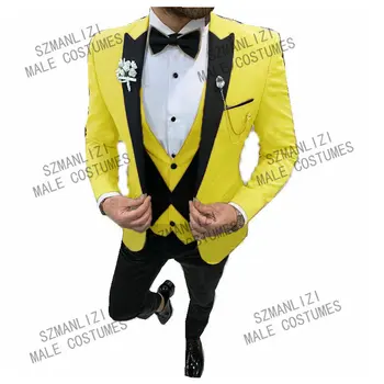SZMANLIZI МЪЖКИ КОСТЮМИ, Мъжки сватбени костюми 2022 по поръчка приталенные жълти вечерни костюми за мъже смокинги младоженеца Сако, Жилетка и Панталони