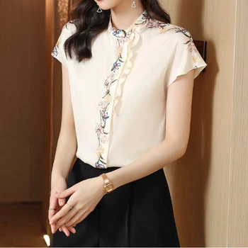 Шифоновая риза с флорална принтом, пролетно-лятната модна блуза 2023, елегантна риза с къс ръкав и кръгло деколте, и ежедневни облекла в корейски стил