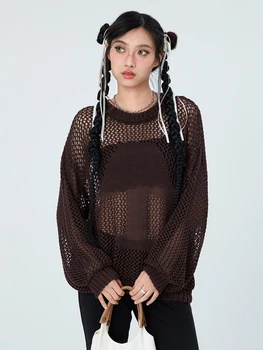 Жена графичен пуловер оверсайз в ретро стил, пуловер с дълъг ръкав и кръгло деколте - уютен трикотаж за харадзюку