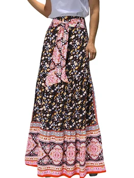 Domingbub/ дамски лятна дълга пола в стил бохо в ретро стил с флорални принтом и колан, градинска пола-люлка, приталенная пола (черно-128961 L)