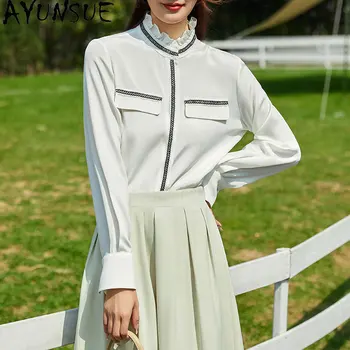 Елегантни и женствени ризи Пролетта топ с дълъг ръкав Женска риза от 100% естествена коприна тутового цветове на Дамски дрехи, Ежедневни бяла блуза Дамска риза