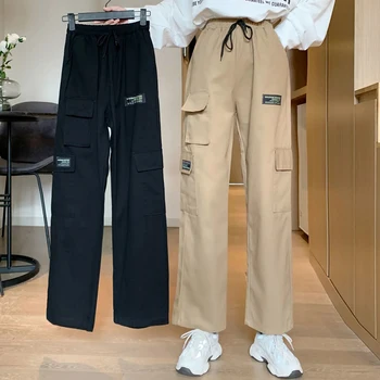 Y2K дамски панталон cargo корея ежедневни градинска дрехи, Свободни широки панталони Лятна мода дамски панталон с висока талия с дължина до глезена