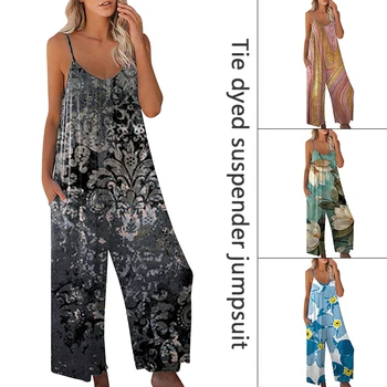 Летни дамски дрехи в ежедневното уличном стил с флорални принтом, модни тиранти, широки панталони, комбинезони