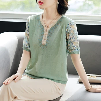 Тениска от Ледената коприна 2023, Лятна Нова Елегантна Модерна Блуза За майките на средна възраст с къс ръкав, Корейски Модерен Женски Пуловер T341