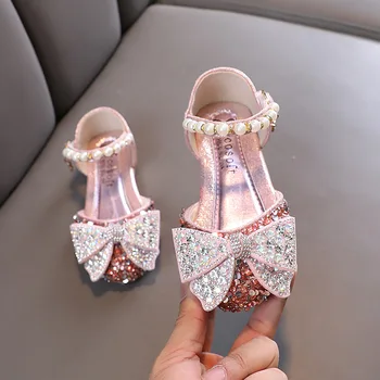 Розови сандали на принцеси за момичета, лятна нова мода скъпа танцови обувки с блестящи лък, детски сандали, детски обувки на равна подметка J30