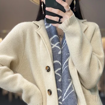 Есенно-зимния нов дамски жилетка от 100% вълна, вязаное утолщенное палто с яка