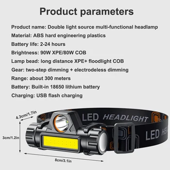 Налобный фенер XPE COB за риболов, с регулируема лента за глава с мощен led фар, USB фенерче, за таксуване, работно светлина