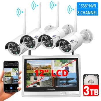 1536P 8CH Безжична Система за видео наблюдение H. 265 12-Инчов LCD екран NVR WIFI Външна IP Камера 3MP монитор