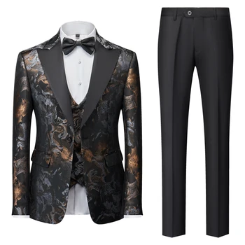 M-5XL (Блейзър + Жилетка + Панталони) Мъжки костюм Модерен Бизнес Елегантен Тънък Случайни Джентълменско Сватбен Официално комплект от 3 теми, Яке