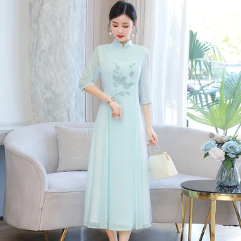 Шифоновое рокля в китайски стил, рокля с бродерия, рокля фея, рокля Ципао за дзен чай, женско елегантна празнична рокля