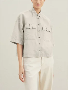 Дамска блуза с отложным яка и къс ръкав 2023, лятна новост, однобортная бельо риза с декорация във формата на верига от мъниста и джобове, однобортная бельо риза