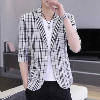 DYB & ZACQ/ мъжки лятна тънка корейската версия на палтото си с ръкав в седем точки, модерен всекидневен костюм в клетка с 7 точки за ръкава, малко костюм