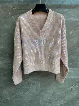 Модни дамски розови пуловери, блузи Fyion, 2023, на подиума, луксозен европейски дизайн, празничен стил, облекло, с V-образно деколте и пайети