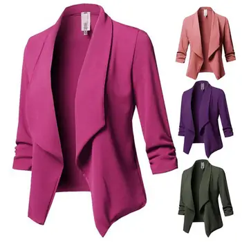 Женски бизнес блейзър, открит, обикновен, с ръкав три четвърти, с ревери в стил СТАРИ, формални женски костюм, сако, жилетка с отворени шевове, палто