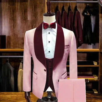 Розови мъжки приталенные костюми с бордовым луксозен ревера, 3 предмет, официален сватбен смокинг на булката на вечеря, абитуриентски мъжки модерен блейзър