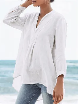 Плажни памучни ленени дамски ежедневни блузи, модни ръкави-фенери три четвърти с V-образно деколте, бяла, черна, синя блуза Blusas De Mujer