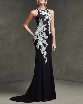 Секси черна вечерна рокля Русалка 2023 без ръкави с кружевными апликации и декорации, сатенени дамски рокли за абитуриентски бал, Robe De Soiree